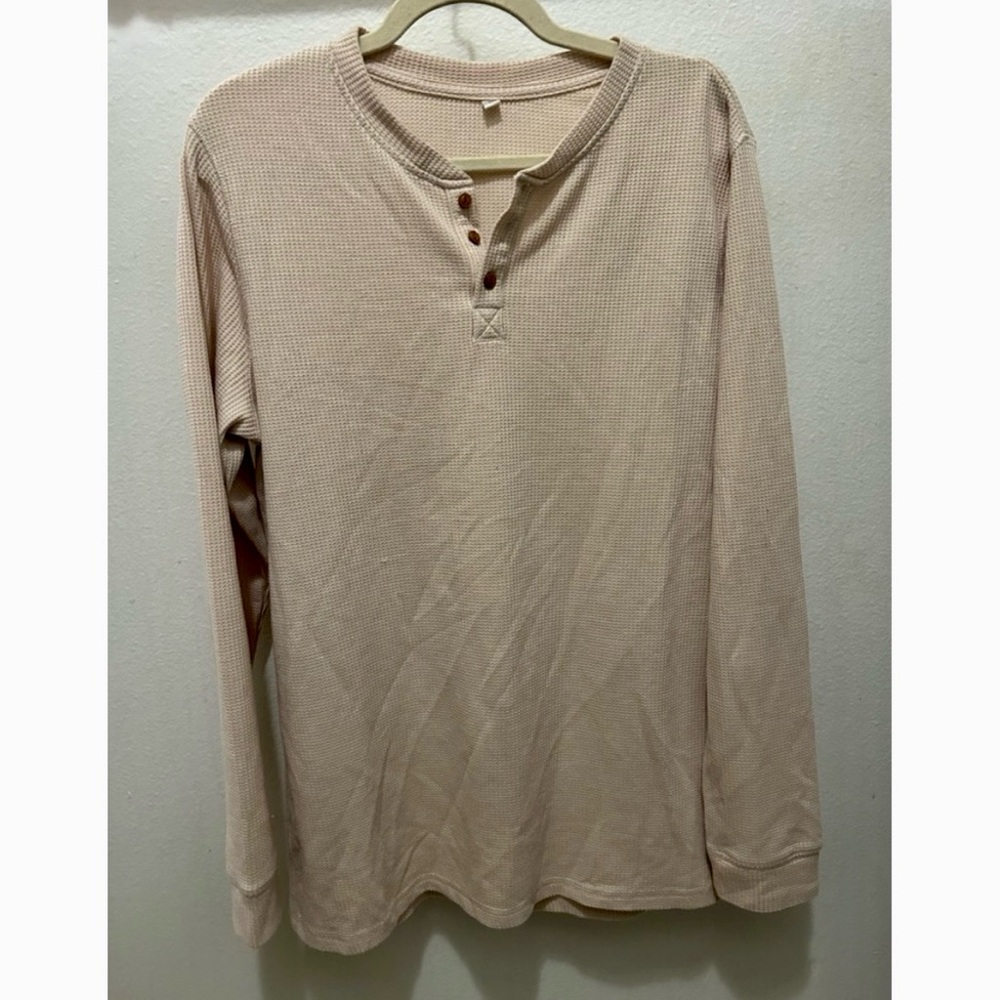 Waffle Knit Long Sleeve Henley Tee Cream Off White